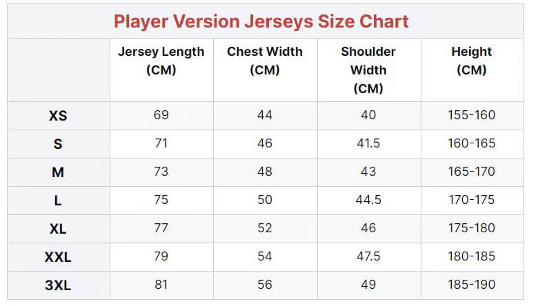 Player version jerseys size chart detailing measurements for XS to 3XL jerseys.