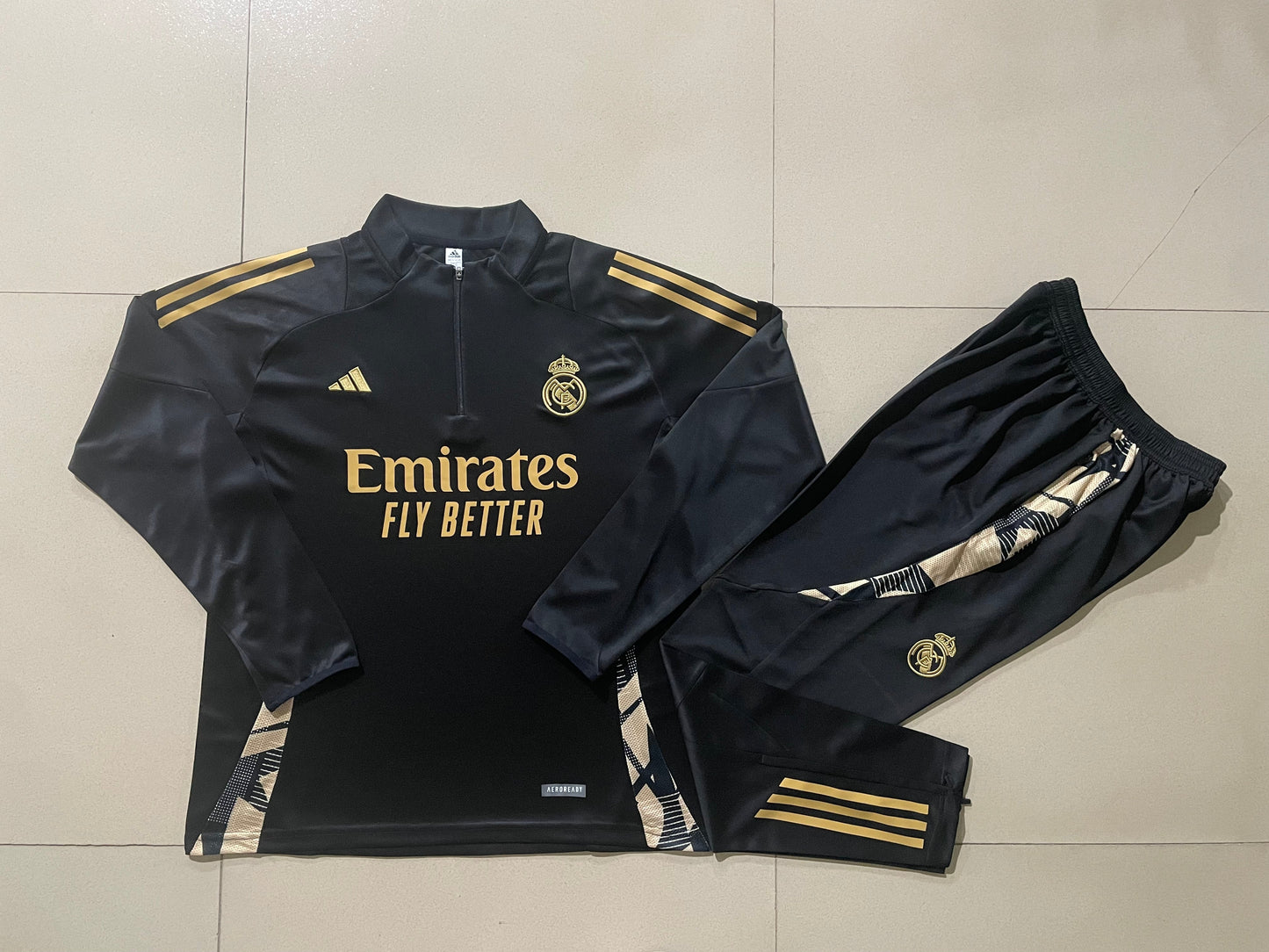 Real Madrid 1/4 Zip Tracksuit Set Black/Gold