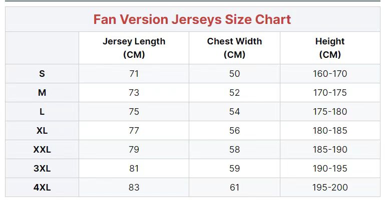 Size chart for fan version jerseys showing measurements for S, M, L, XL, XXL, 3XL, and 4XL.