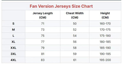 Size chart for fan version jerseys showing measurements for S, M, L, XL, XXL, 3XL, and 4XL.